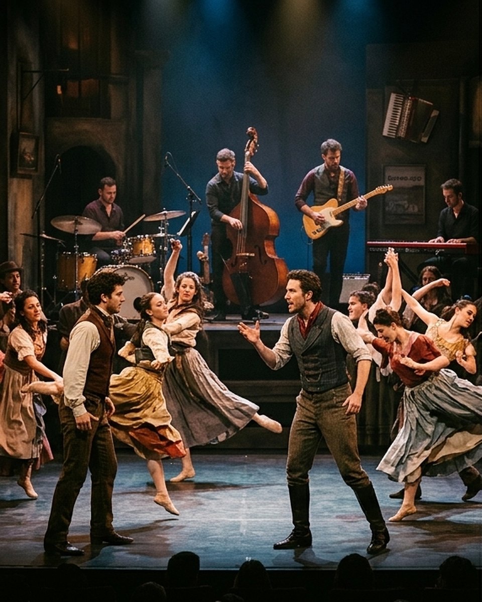 Banda en directo y compañía de baile sobre el escenario en un teatro de Madrid